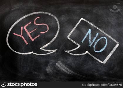 Speech bubbles with yes and no written in chalk on a blackboard