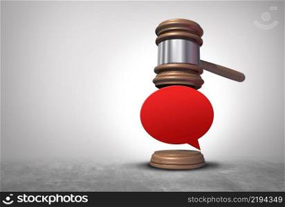 Speech laws and hate speech law concept or illegal misinformation and freedom of expression or censorship symbol as a justice judge gavel with a word bubble as a 3D illustration.