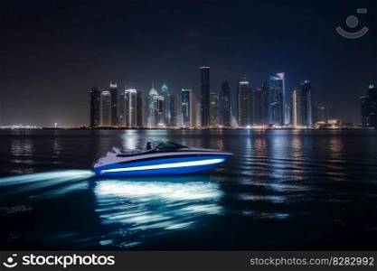 Speed boat night travel. Cruise people. Generate Ai. Speed boat night travel. Generate Ai