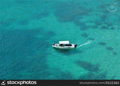 Speed boat sailing in the sea, top view&#xA;