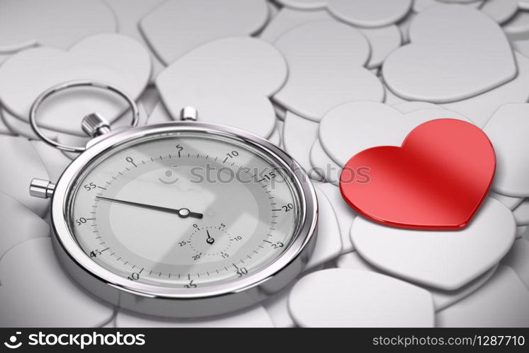 Speed dating and love concept - Many white hearts shapes plus one red heart and a stopwatch.. Speed Dating Concept - Love