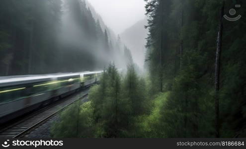 Speed passenger train moving in the mist mountains covered with forest. Generative AI.. Speed passenger train moving in the mist mountains covered with forest. Generative AI