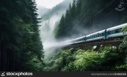 Speed passenger train moving in the mist mountains covered with forest. Generative AI.. Speed passenger train moving in the mist mountains covered with forest. Generative AI
