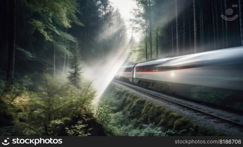 Speed passenger train moving in the mist mountains covered with forest. Generative AI.. Speed passenger train moving in the mist mountains covered with forest. Generative AI