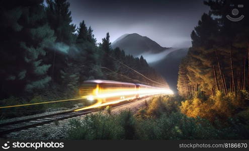Speed passenger train moving in the night mountains covered with forest. Generative AI.. Speed passenger train moving in the night mountains covered with forest. Generative AI