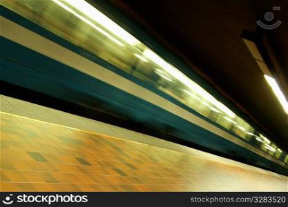 Speeding Metro subway train in Montreal.