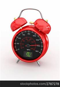 Speeding. Speedometer as alarm clock face. 3d