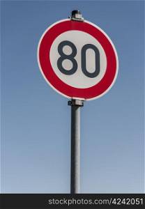 Speedlimit-80. Traffic sign on a country road with a speed limit 80