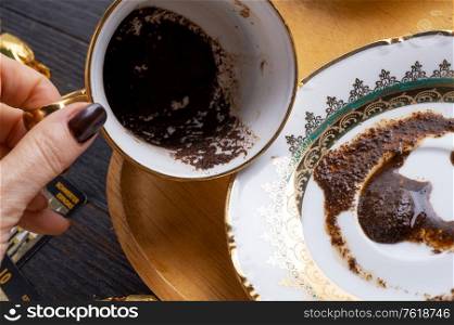 spelling coffee cup with coffee grounds . devination concept