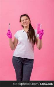Spend less on dentist. Happy girl hold brushes on pink background.Dentist and dentistry. Dentist that makes smile. beautiful pediatric dentist.. Spend less on dentist. Happy girl hold brushes on pink background.Dentist and dentistry. Dentist that makes smile. beautiful pediatric dentist