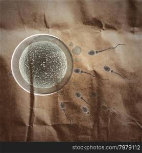 sperm and egg cell. microscopic image painted on paper