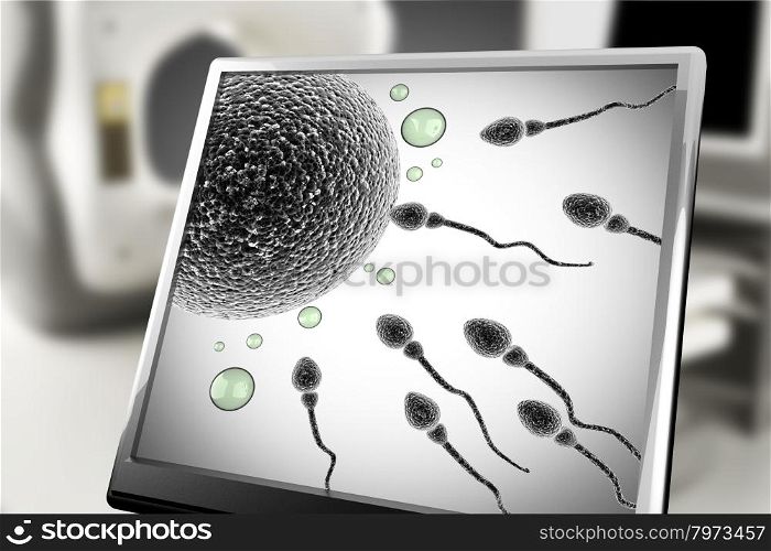 sperm and egg cell on monitor in laboratory