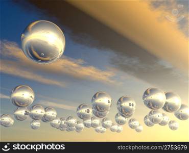 Spheres with reflection. The effective sky with futuristic spheres
