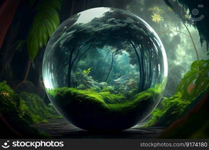 spherical glass ball with nature green forest reflection illustration Generative AI.