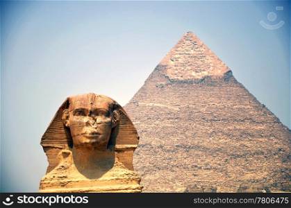 Sphinx in front of Pyramid Giza at Cairo Egypt