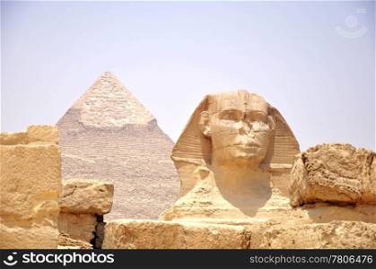 Sphinx in front of Pyramid Giza at Cairo Egypt