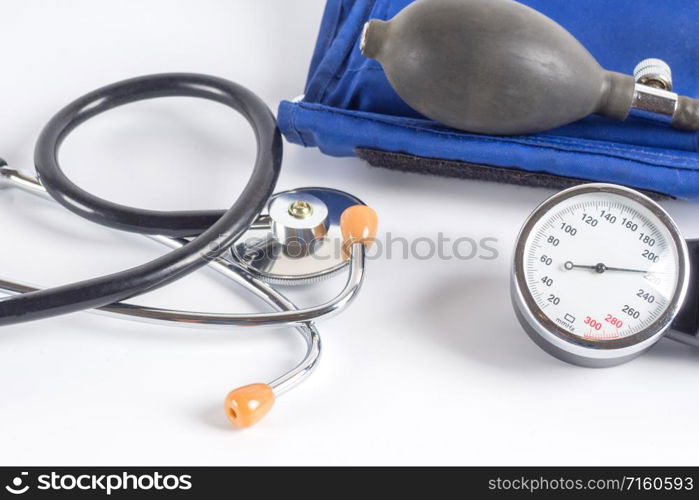 Sphygmomanometer and stethoscope kit used to measure blood pressure. sphygmomanometer stethoscope medical tool pressure measure instrument