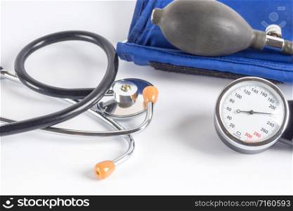 Sphygmomanometer and stethoscope kit used to measure blood pressure. sphygmomanometer stethoscope medical tool pressure measure instrument