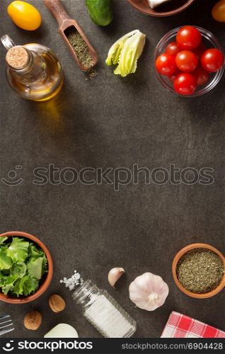 spice and herb ingredients on stone table