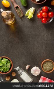 spice and herb ingredients on stone table