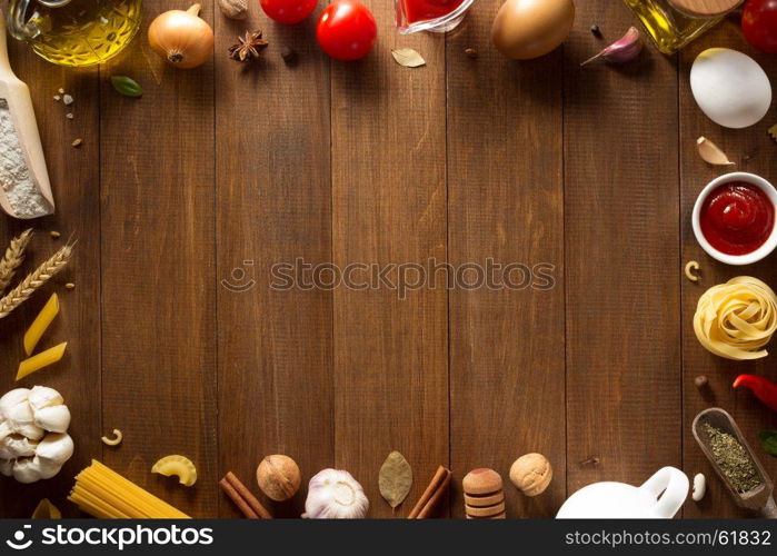 spice and herb on wooden background texture