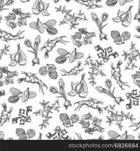 Spice black and white seamless pattern. Hand drawn spice seamless pattern. Black and white background vector illustration