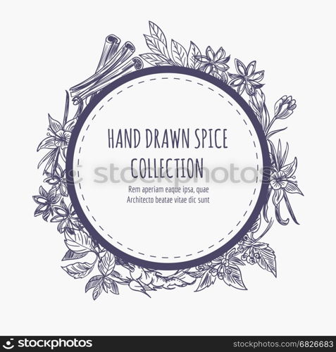 Spice collection round frame design. Hand drawn spice collection round banner or frame design. Kitchen dcorative element vector illustration