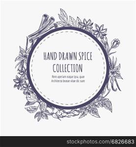 Spice collection round frame design. Hand drawn spice collection round banner or frame design. Kitchen dcorative element vector illustration