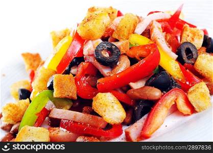 spice Mexican salad with meat on plate, close up