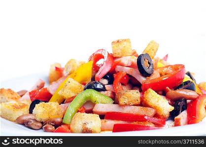 spice Mexican salad with meat on plate, close up