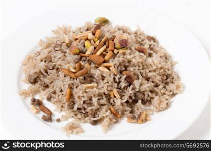Spiced rice in the Lebanese or Arab style, toped with freshly roasted pine nuts
