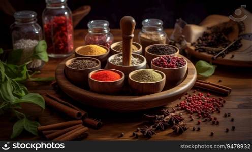 Spices and herbs banner background. Variety of spices. Generative AI