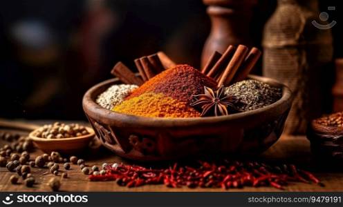 Spices and herbs banner background. Variety of spices. Generative AI