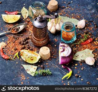 spices and herbs for cooking. A large set of spices and condiments for cooking