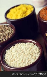 Spices and herbs in ceramic bowls. seasoning. Colorful natural additives.
