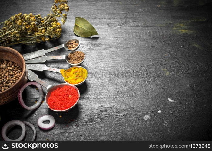 Spices and herbs with measuring spoons. On the black chalkboard.. Spices and herbs with measuring spoons.