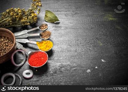 Spices and herbs with measuring spoons. On the black chalkboard.. Spices and herbs with measuring spoons.