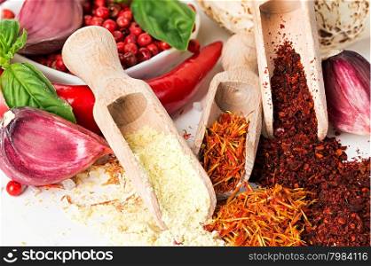 Spices and seasonings close-up as a background