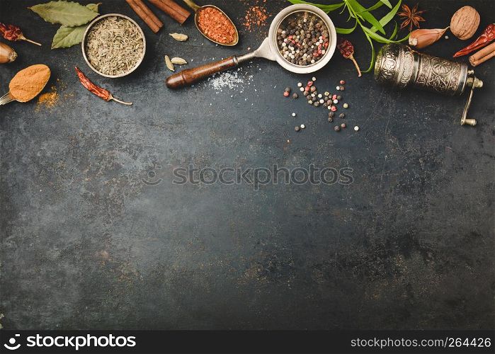 Spices and vintage pepper grinder on dark background, flat lay, space for text. Spices and vintage pepper grinder on dark background