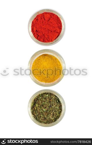 Spices arranged as traffic lights, depicting attention - spicy food