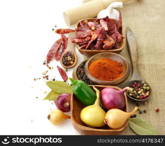 Spices Assortment In Wooden Dishware