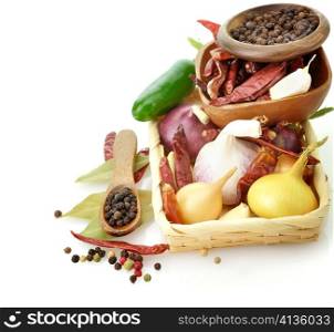 Spices Assortment In Wooden Dishware, Close Up