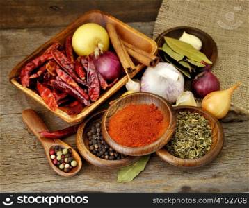 Spices Assortment On A Wooden Board, Close Up