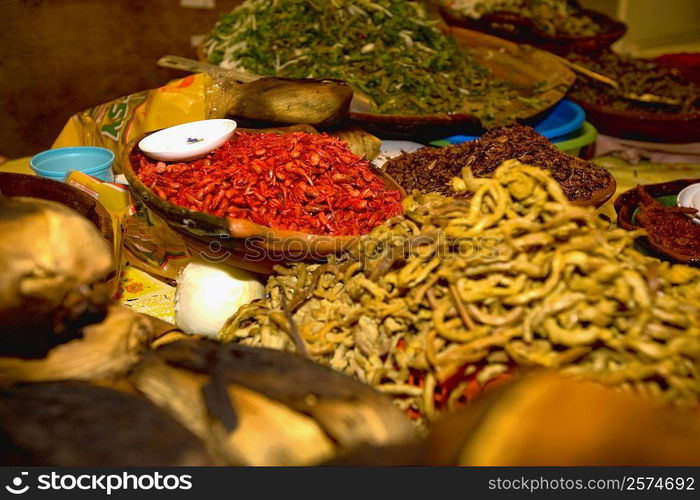 Spices at a market stall, Xochimilco, Mexico