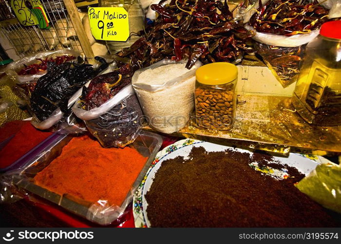 Spices at a market stall, Xochimilco, Mexico