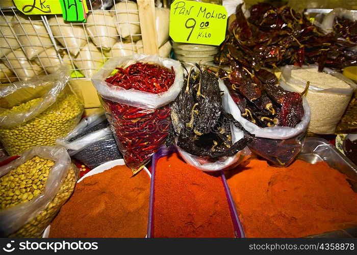 Spices at a market stall, Xochimilco, Mexico