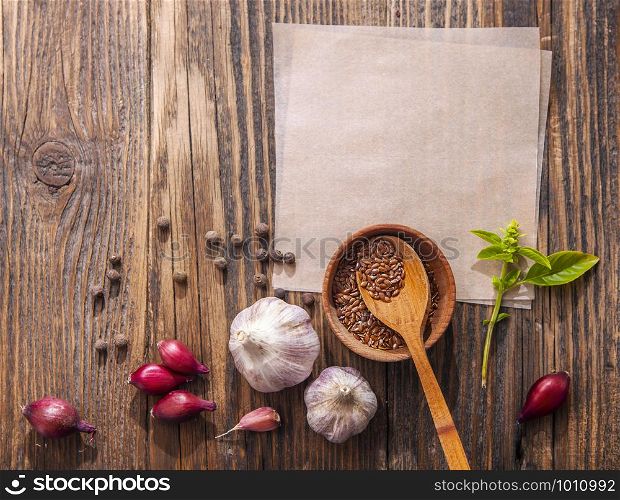 Spices for cooking on a wooden surface
