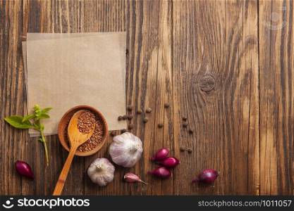 Spices for cooking on a wooden surface