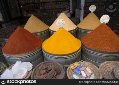 Spices for sale at market stall, Medina, Marrakesh, Morocco
