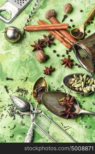 Spices for warming drinks. Set of spices of star anise ,cinnamon,cloves,nutmeg for warming teas and mulled wine